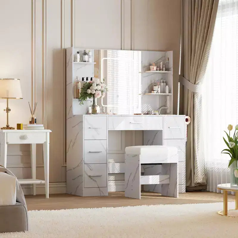 Vanity Desk with Lights, Mirror & Chair - Makeup Vanity Table with 7 Drawers, 6 Shelves & Adjustable Lighting
