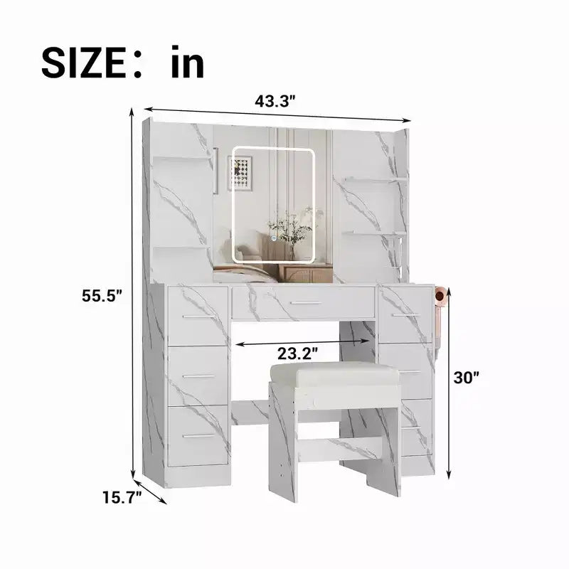 Vanity Desk with Lights, Mirror & Chair - Makeup Vanity Table with 7 Drawers, 6 Shelves & Adjustable Lighting
