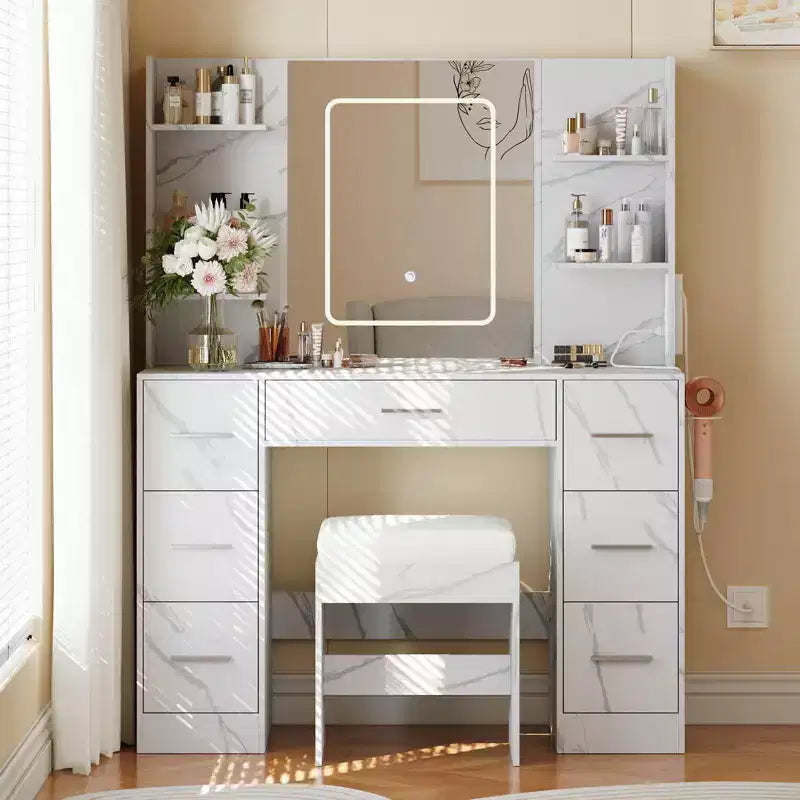 Vanity Desk with Lights, Mirror & Chair - Makeup Vanity Table with 7 Drawers, 6 Shelves & Adjustable Lighting