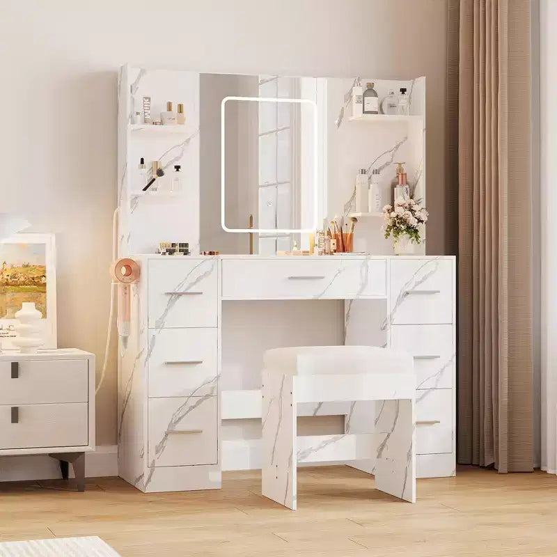 Vanity Desk with Lights, Mirror & Chair - Makeup Vanity Table with 7 Drawers, 6 Shelves & Adjustable Lighting