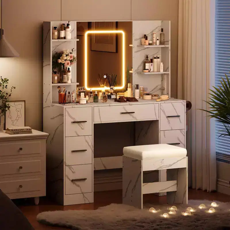 Vanity Desk with Lights, Mirror & Chair - Makeup Vanity Table with 7 Drawers, 6 Shelves & Adjustable Lighting
