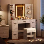 Vanity Desk with Lights, Mirror & Chair - Makeup Vanity Table with 7 Drawers, 6 Shelves & Adjustable Lighting