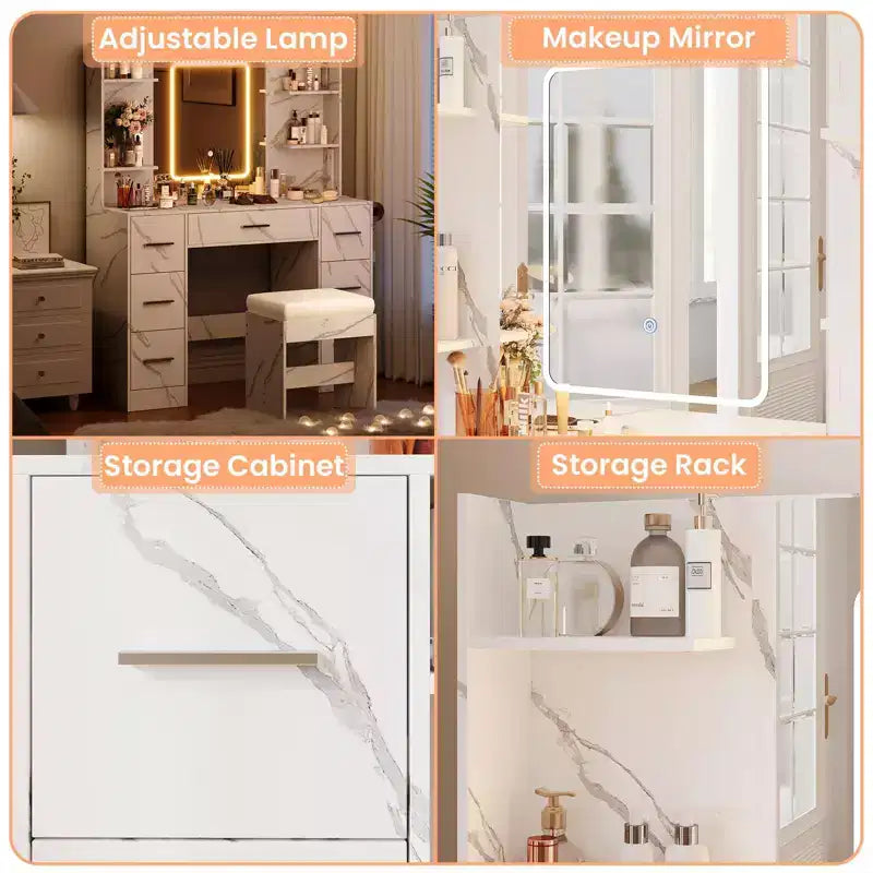 Vanity Desk with Lights, Mirror & Chair - Makeup Vanity Table with 7 Drawers, 6 Shelves & Adjustable Lighting