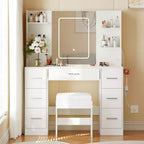 Vanity Desk with Lights, Mirror & Chair - Makeup Vanity Table with 7 Drawers, 6 Shelves & Adjustable Lighting