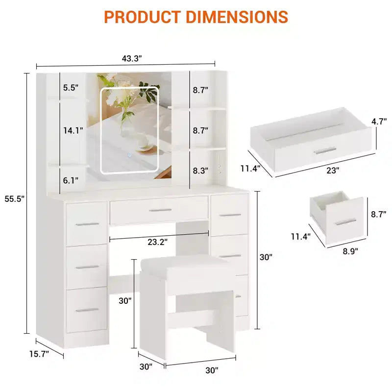 Vanity Desk with Lights, Mirror & Chair - Makeup Vanity Table with 7 Drawers, 6 Shelves & Adjustable Lighting