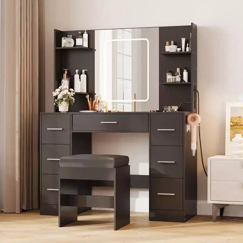 Vanity Desk with Lights, Mirror & Chair - Makeup Vanity Table with 7 Drawers, 6 Shelves & Adjustable Lighting