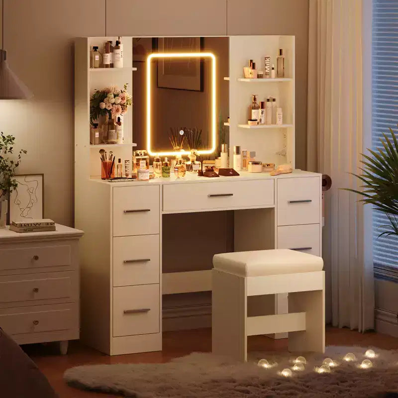Vanity Desk with Lights, Mirror & Chair - Makeup Vanity Table with 7 Drawers, 6 Shelves & Adjustable Lighting
