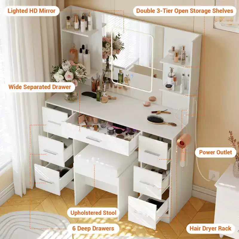 Vanity Desk with Lights, Mirror & Chair - Makeup Vanity Table with 7 Drawers, 6 Shelves & Adjustable Lighting