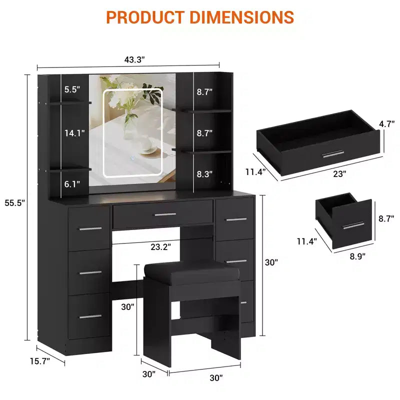 Vanity Desk with Lights, Mirror & Chair - Makeup Vanity Table with 7 Drawers, 6 Shelves & Adjustable Lighting