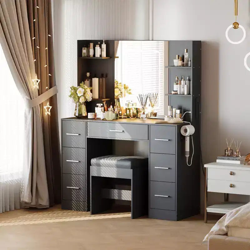 Vanity Desk with Lights, Mirror & Chair - Makeup Vanity Table with 7 Drawers, 6 Shelves & Adjustable Lighting
