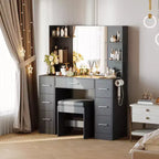 Vanity Desk with Lights, Mirror & Chair - Makeup Vanity Table with 7 Drawers, 6 Shelves & Adjustable Lighting