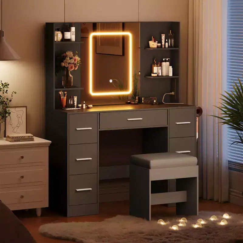 Vanity Desk with Lights, Mirror & Chair - Makeup Vanity Table with 7 Drawers, 6 Shelves & Adjustable Lighting