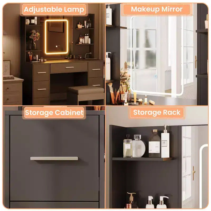 Vanity Desk with Lights, Mirror & Chair - Makeup Vanity Table with 7 Drawers, 6 Shelves & Adjustable Lighting