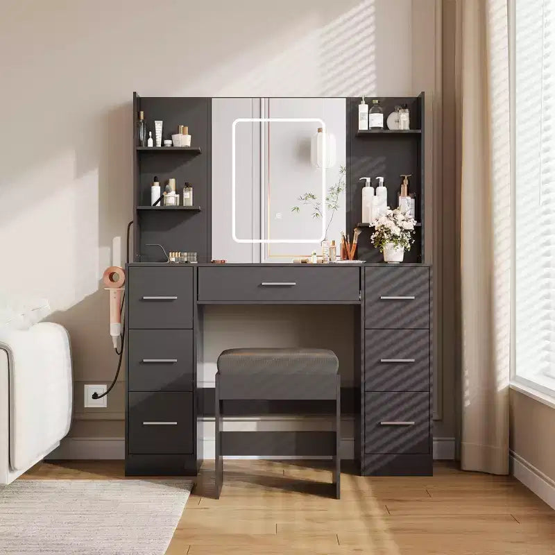 Vanity Desk with Lights, Mirror & Chair - Makeup Vanity Table with 7 Drawers, 6 Shelves & Adjustable Lighting