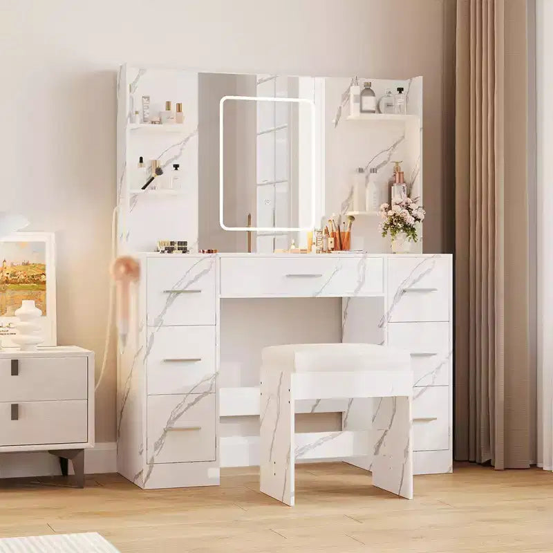 Vanity Desk with Lights, Mirror & Chair - Makeup Vanity Table with 7 Drawers, 6 Shelves & Adjustable Lighting