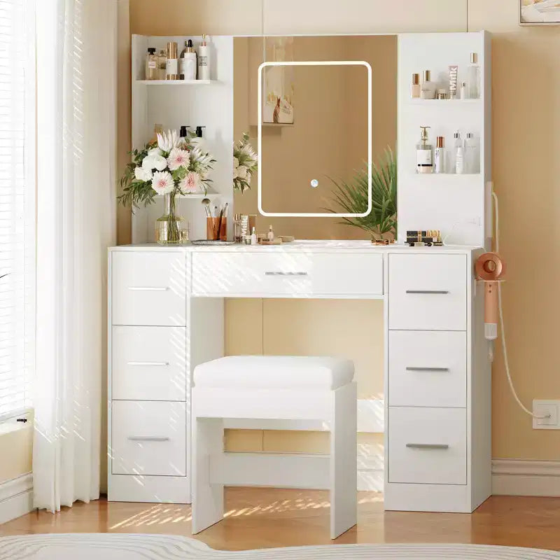Vanity Desk with Lights, Mirror & Chair - Makeup Vanity Table with 7 Drawers, 6 Shelves & Adjustable Lighting