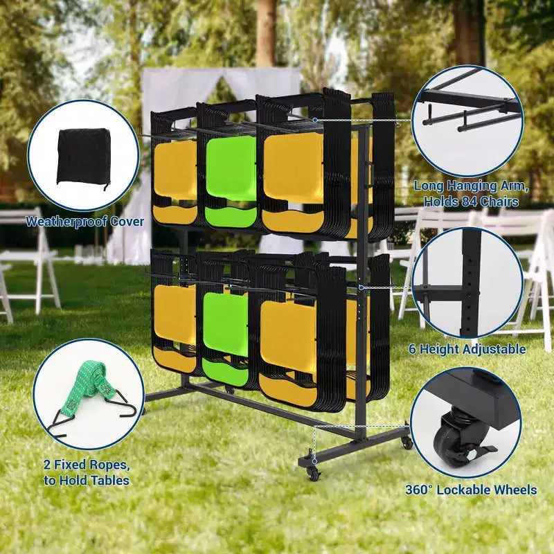 Folding Chair Cart Heavy Duty Steel Foldable Chair Holder Rack with Lockable Wheels & Waterproof Cover, Commercial Grade for School, Black