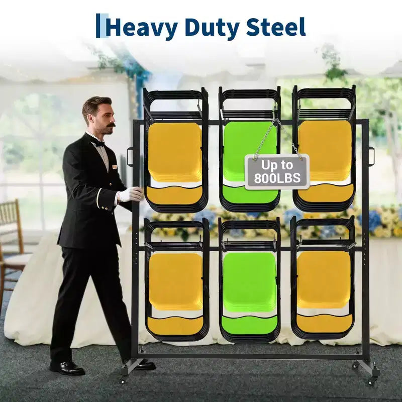 Folding Chair Cart Heavy Duty Steel Foldable Chair Holder Rack with Lockable Wheels & Waterproof Cover, Commercial Grade for School, Black