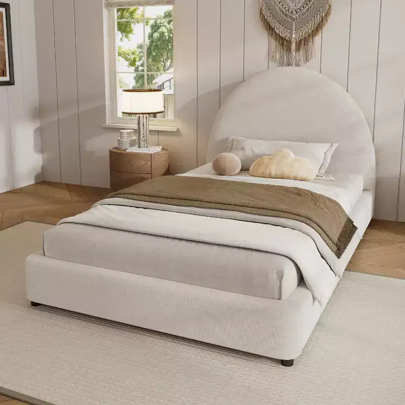 Modern Boucle Upholstered Bed with Half-Round Curved Headboard