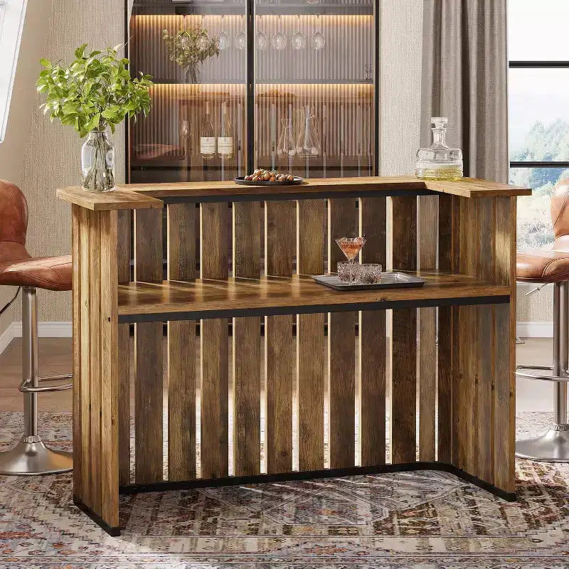 63-Inch Home Bar Unit, 2-Tier Farmhouse Liquor Bar Table with Storage Shelves, Wine Bar Cabinet Mini Bar Table for Home Pub, Bistro