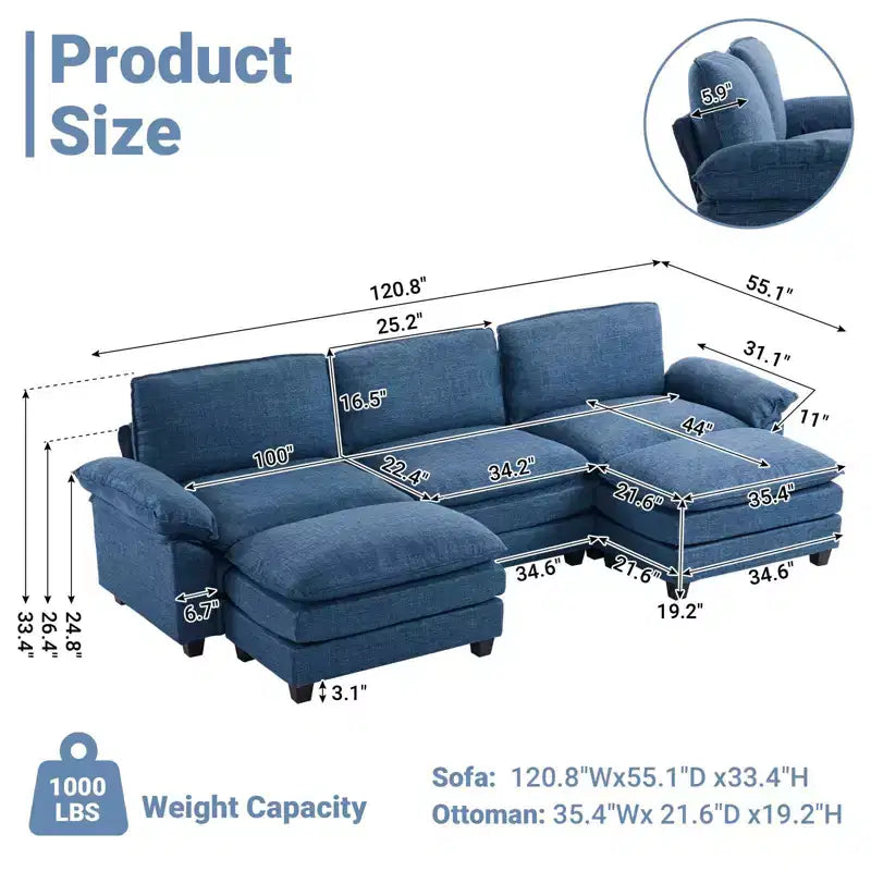 120 in. W Pillow Top Arm Double-layer Cushion Corduroy Sofa in White With Ottoman