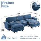 120 in. W Pillow Top Arm Double-layer Cushion Corduroy Sofa in White With Ottoman