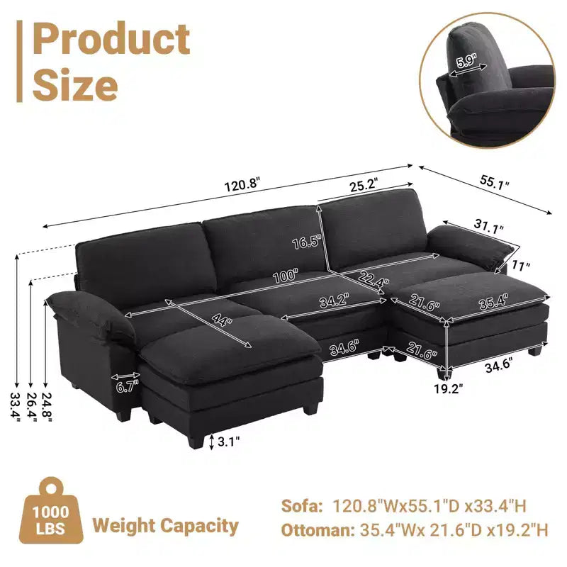 120 in. W Pillow Top Arm Double-layer Cushion Corduroy Sofa in White With Ottoman