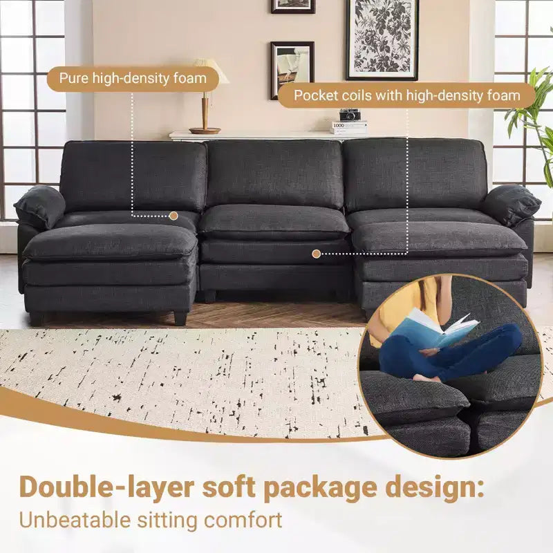 120 in. W Pillow Top Arm Double-layer Cushion Corduroy Sofa in White With Ottoman