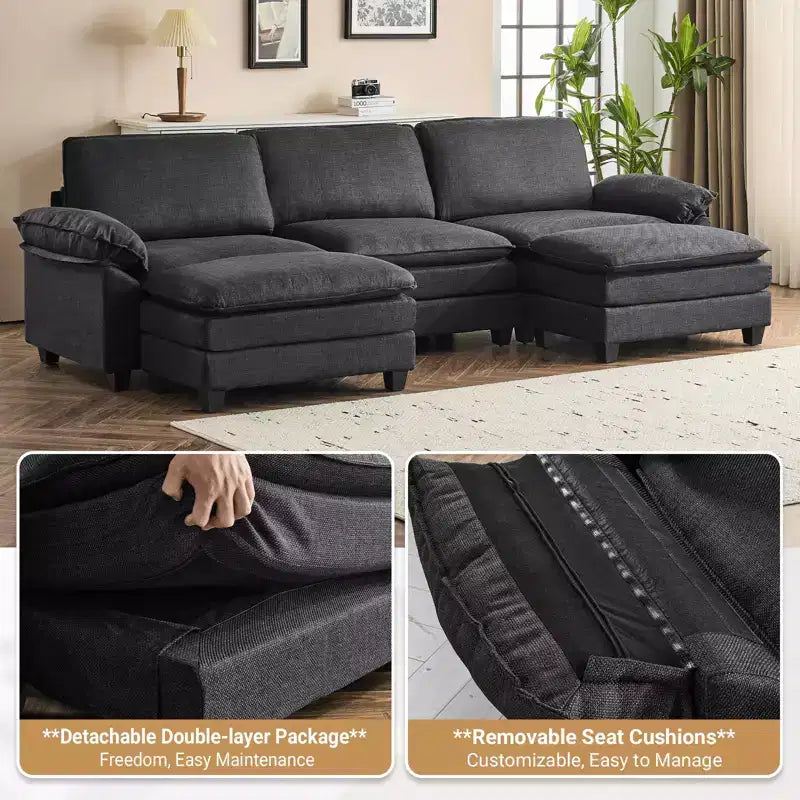 120 in. W Pillow Top Arm Double-layer Cushion Corduroy Sofa in White With Ottoman