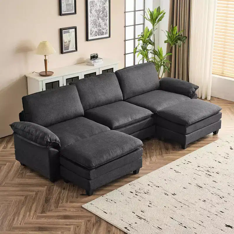 120 in. W Pillow Top Arm Double-layer Cushion Corduroy Sofa in White With Ottoman
