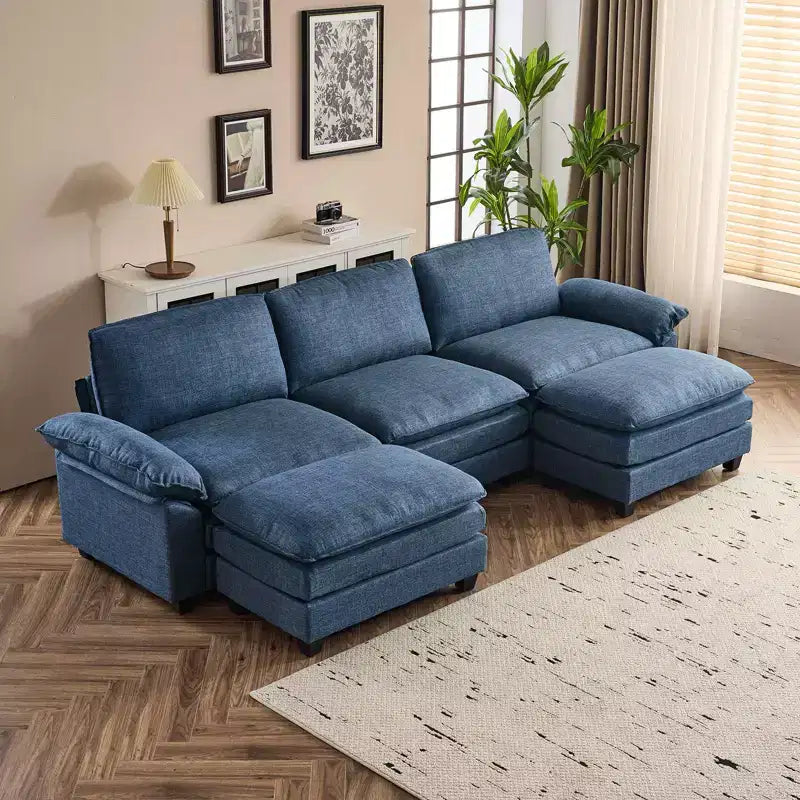120 in. W Pillow Top Arm Double-layer Cushion Corduroy Sofa in White With Ottoman