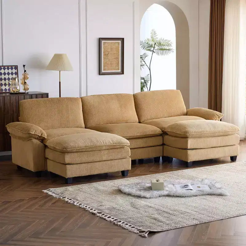 120 in. W Pillow Top Arm Double-layer Cushion Corduroy Sofa in White With Ottoman