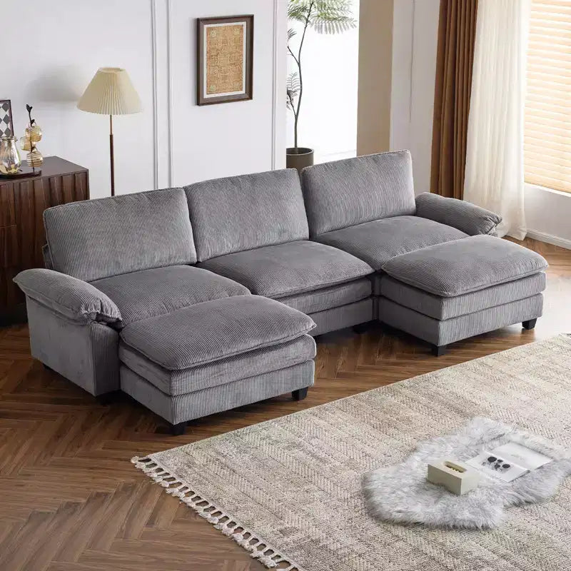 120 in. W Pillow Top Arm Double-layer Cushion Corduroy Sofa in White With Ottoman