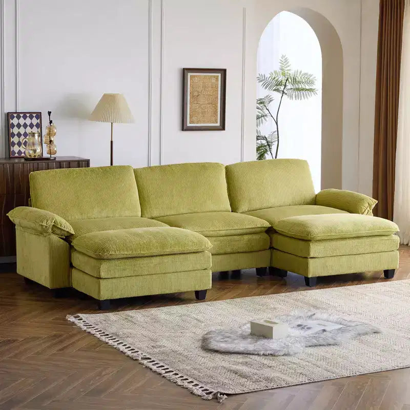 120 in. W Pillow Top Arm Double-layer Cushion Corduroy Sofa in White With Ottoman