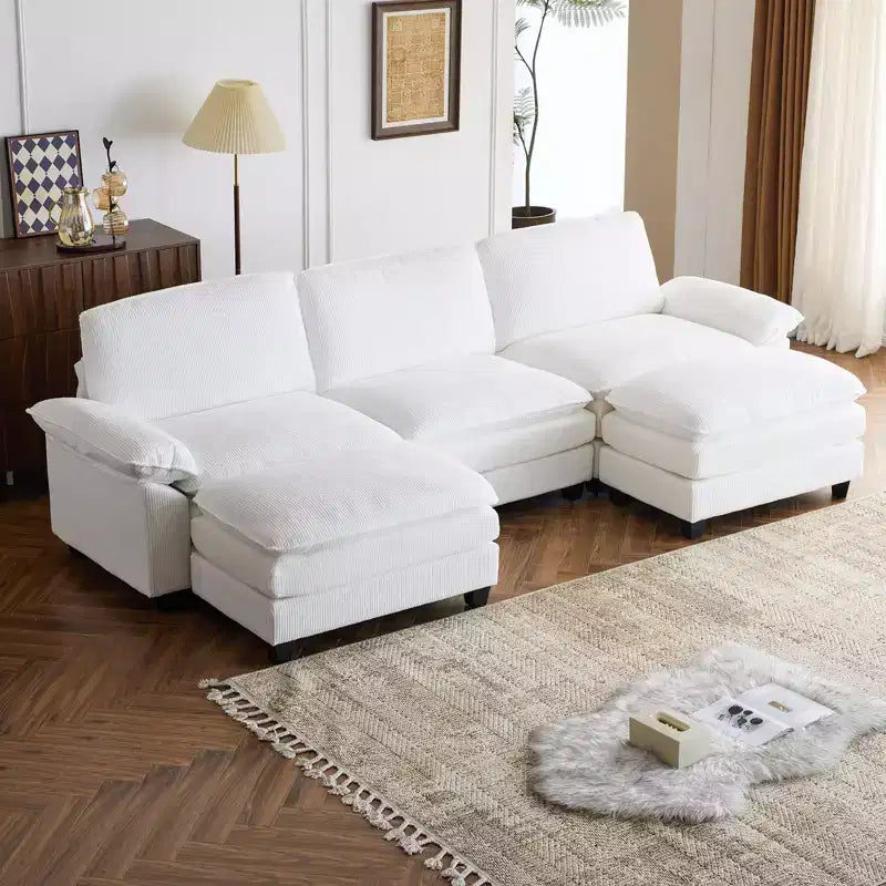 120 in. W Pillow Top Arm Double-layer Cushion Corduroy Sofa in White With Ottoman