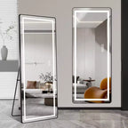 Whisen Full-Length Dressing Mirror with 3-Color Dimmable Light and Aluminum Frame, Wall Mount or Floor Bracket Standing, 21x64 - Black