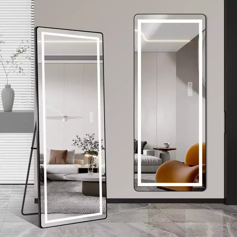 Whisen Full-Length Dressing Mirror with 3-Color Dimmable Light and Aluminum Frame, Wall Mount or Floor Bracket Standing, 21x64 - Black