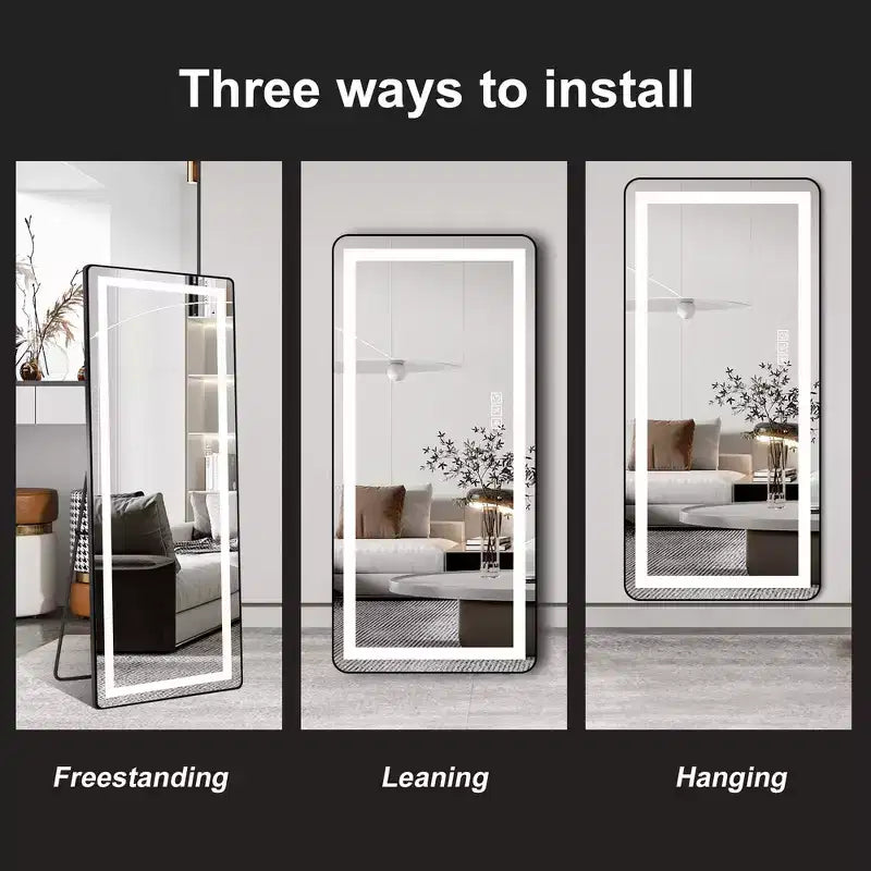 Full-Length Dressing Mirror with 3-Color Dimmable Light and Aluminum Frame, Wall Mount or Floor Bracket Standing, 21x64 - Black