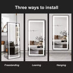 Full-Length Dressing Mirror with 3-Color Dimmable Light and Aluminum Frame, Wall Mount or Floor Bracket Standing, 21x64 - Black