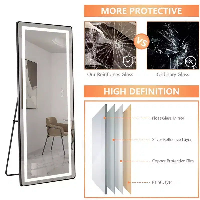Full-Length Dressing Mirror with 3-Color Dimmable Light and Aluminum Frame, Wall Mount or Floor Bracket Standing, 21x64 - Black
