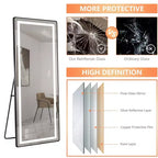 Full-Length Dressing Mirror with 3-Color Dimmable Light and Aluminum Frame, Wall Mount or Floor Bracket Standing, 21x64 - Black