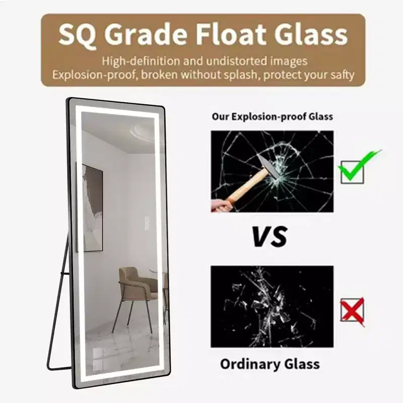 Full-Length Dressing Mirror with 3-Color Dimmable Light and Aluminum Frame, Wall Mount or Floor Bracket Standing, 21x64 - Black