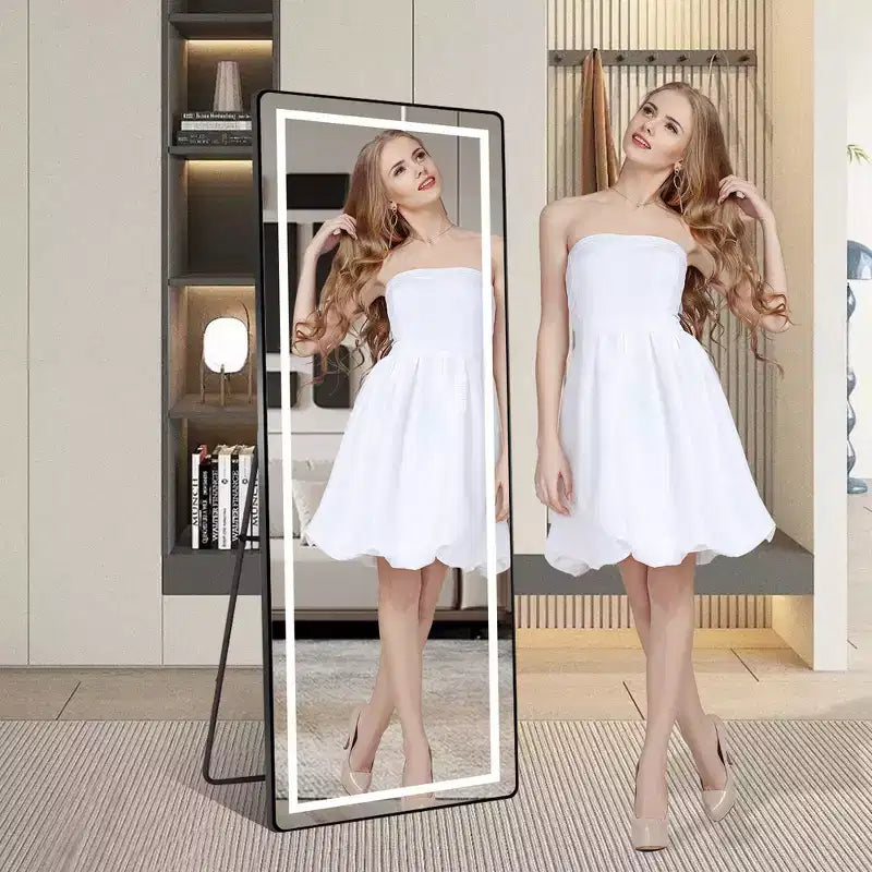 Full-Length Dressing Mirror with 3-Color Dimmable Light and Aluminum Frame, Wall Mount or Floor Bracket Standing, 21x64 - Black