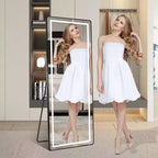 Full-Length Dressing Mirror with 3-Color Dimmable Light and Aluminum Frame, Wall Mount or Floor Bracket Standing, 21x64 - Black