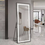Full-Length Dressing Mirror with 3-Color Dimmable Light and Aluminum Frame, Wall Mount or Floor Bracket Standing, 21x64 - Black