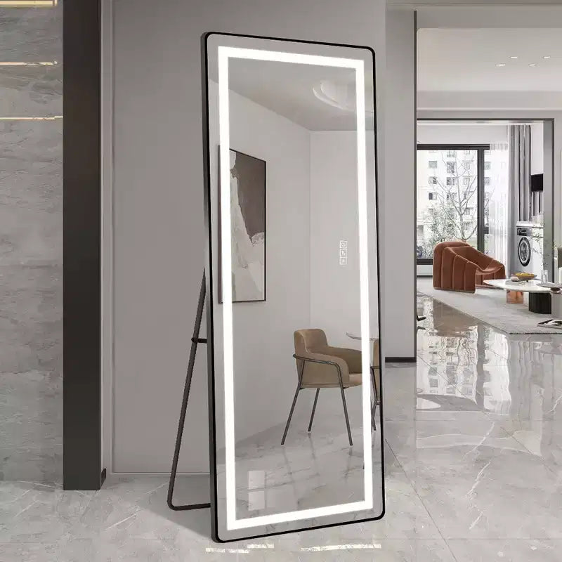 Full-Length Dressing Mirror with 3-Color Dimmable Light and Aluminum Frame, Wall Mount or Floor Bracket Standing, 21x64 - Black