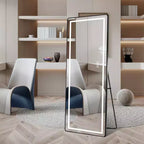 Full-Length Dressing Mirror with 3-Color Dimmable Light and Aluminum Frame, Wall Mount or Floor Bracket Standing, 21x64 - Black