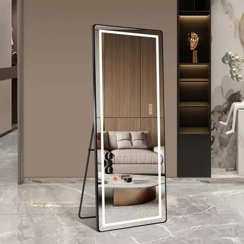 Full-Length Dressing Mirror with 3-Color Dimmable Light and Aluminum Frame, Wall Mount or Floor Bracket Standing, 21x64 - Black