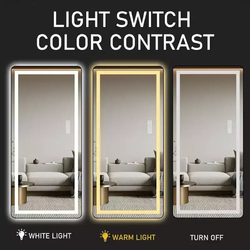 Full-Length Dressing Mirror with 3-Color Dimmable Light and Aluminum Frame, Wall Mount or Floor Bracket Standing, 21x64 - Black