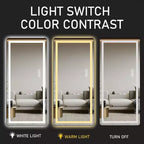 Full-Length Dressing Mirror with 3-Color Dimmable Light and Aluminum Frame, Wall Mount or Floor Bracket Standing, 21x64 - Black